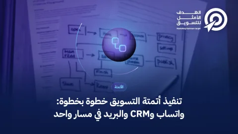 غلاف مقال تنفيذ أتمتة التسويق: أيقونة مسار عمل فوق صورة بيئة عمل رقمية
