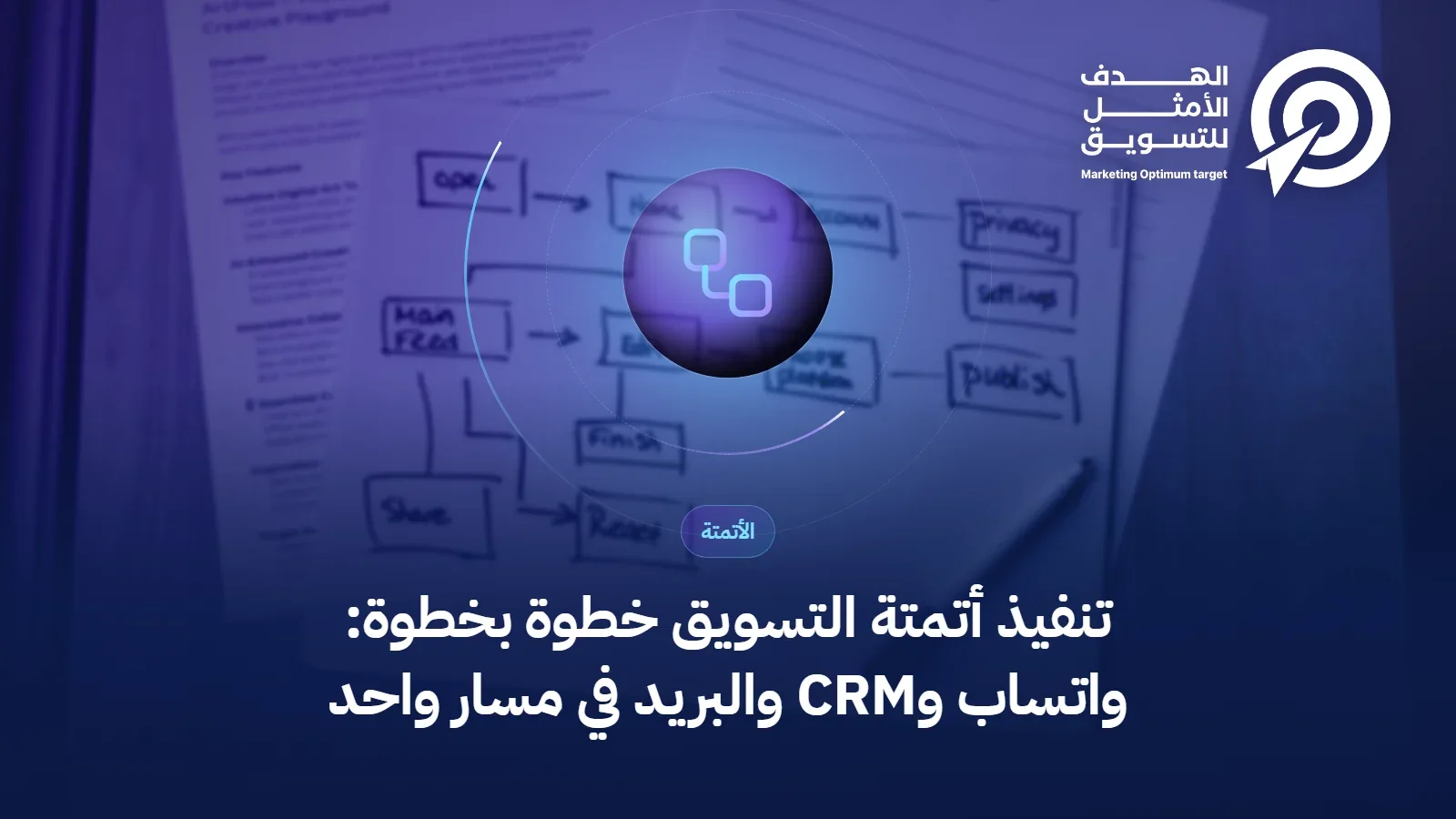 غلاف مقال تنفيذ أتمتة التسويق: أيقونة مسار عمل فوق صورة بيئة عمل رقمية
